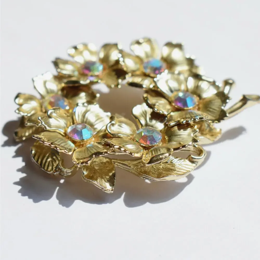 Vintage Aurora Borealis (AB) Rhinestone Floral Wreath Brooch Pin Gold Tone MCM